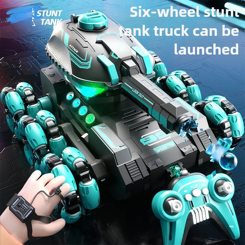 Ultimate Six-Wheeled Remote Control Tank Car - Gesture Sensor with Water Bomb Launching Fun for Kids!